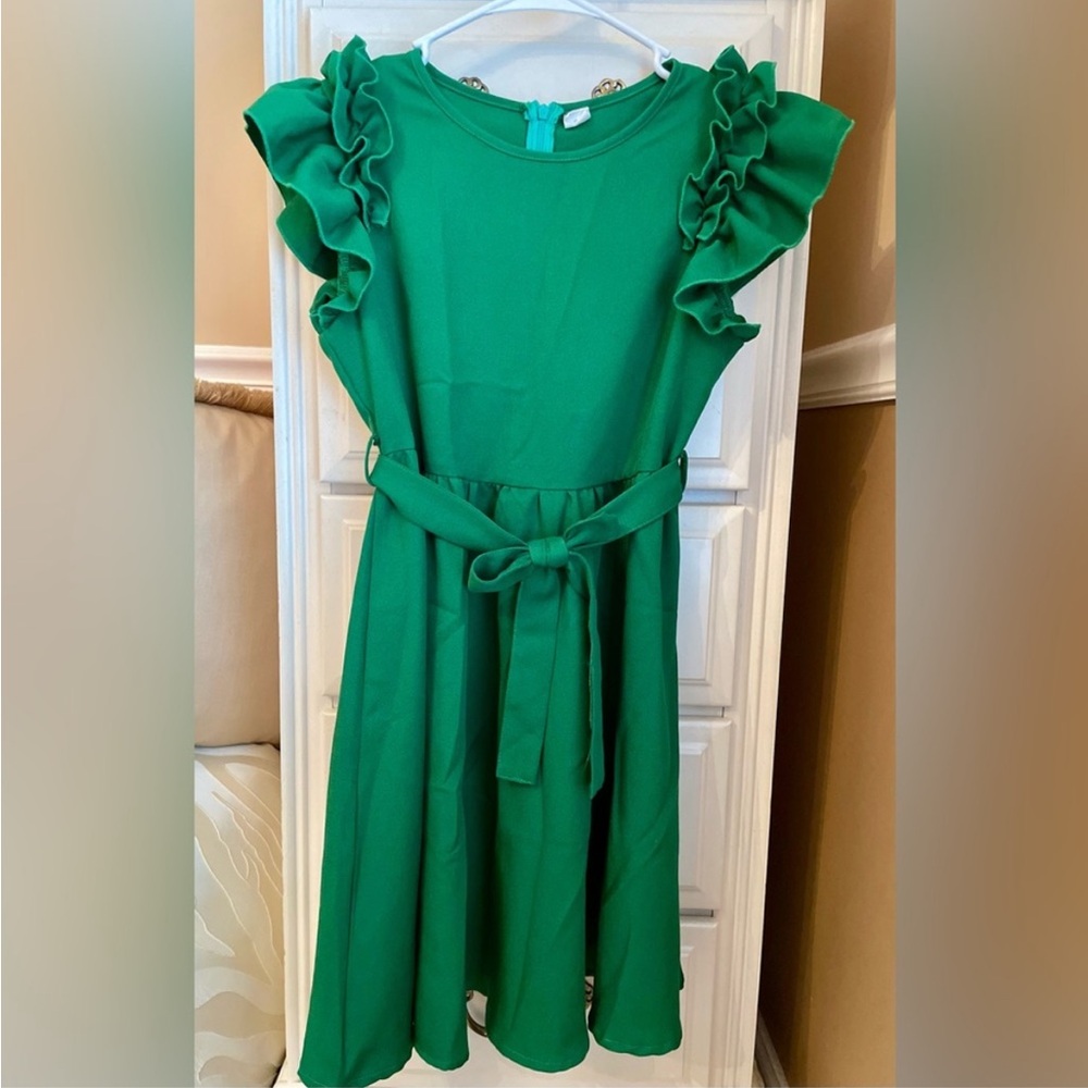 Girls Green Ruffle Sleeve Dress